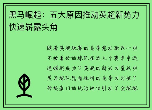 黑马崛起:五大原因推动英超新势力快速崭露头角 黑马崛起:五大原因推动英超新势力快速崭露头角
